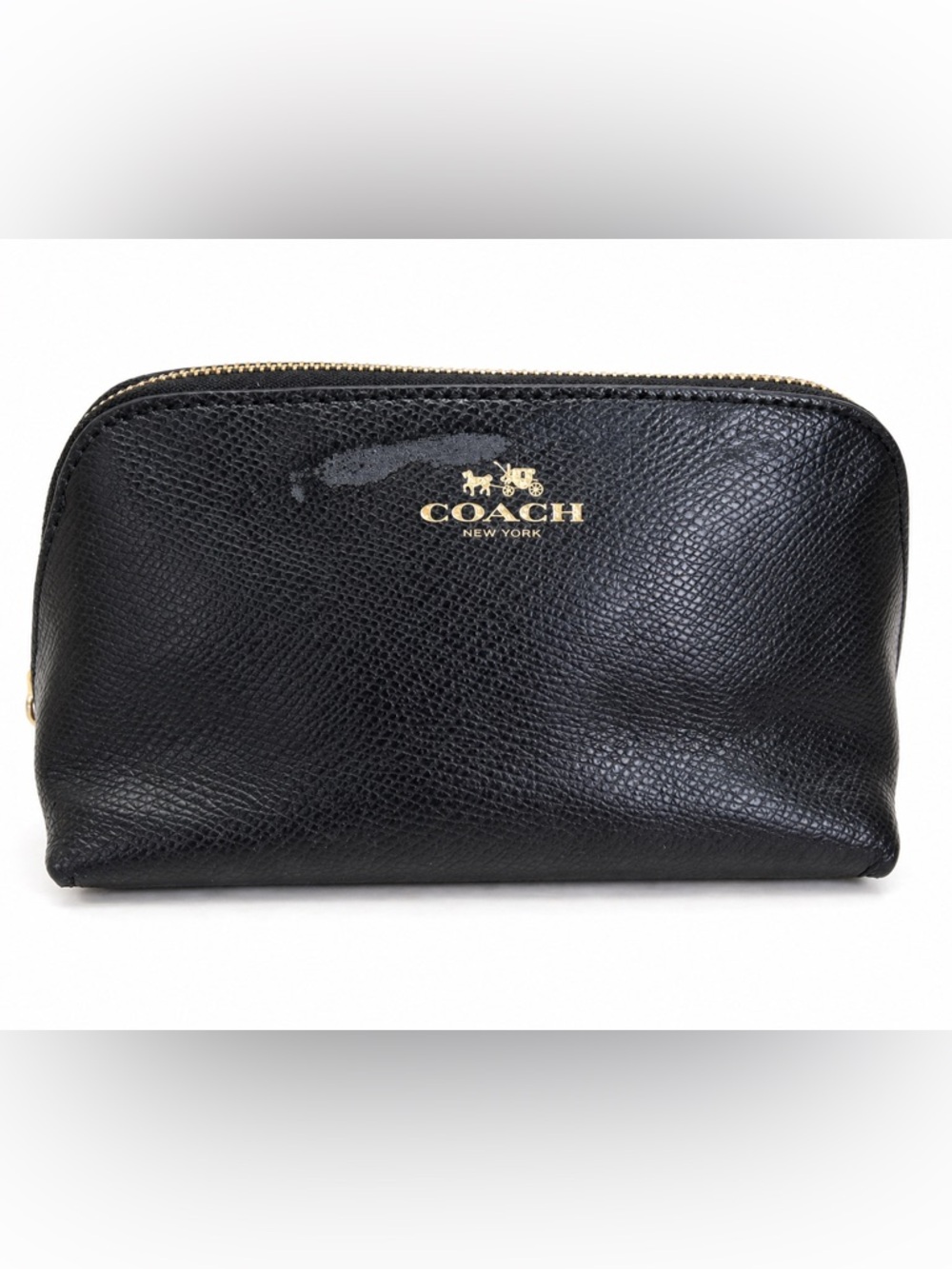 Coach Cosmetic Case 17 Black Crossgrain Leather Makeup Pouch Bag FLAWED